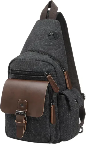 Canvas Sling Bag for Women Men, Crossbody Backpack Vintage Convertible, Rucksack Shoulder Bag W/Leather Accents for Outdoor Cycling Hiking Travel, Black