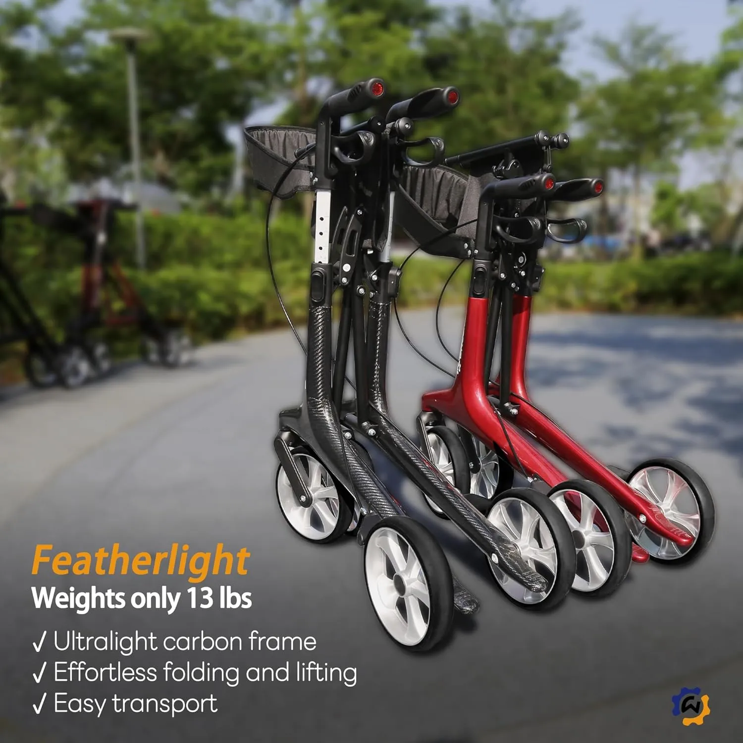 Carbon Ultralight Rollator Walker for Seniors with 2 Organizer Bags, Comes Fully Assembled, Only 13lbs Lightweight Foldable 4 Wheel Walker with Seat and Brakes, 330 lbs Capacity Rolling Walker