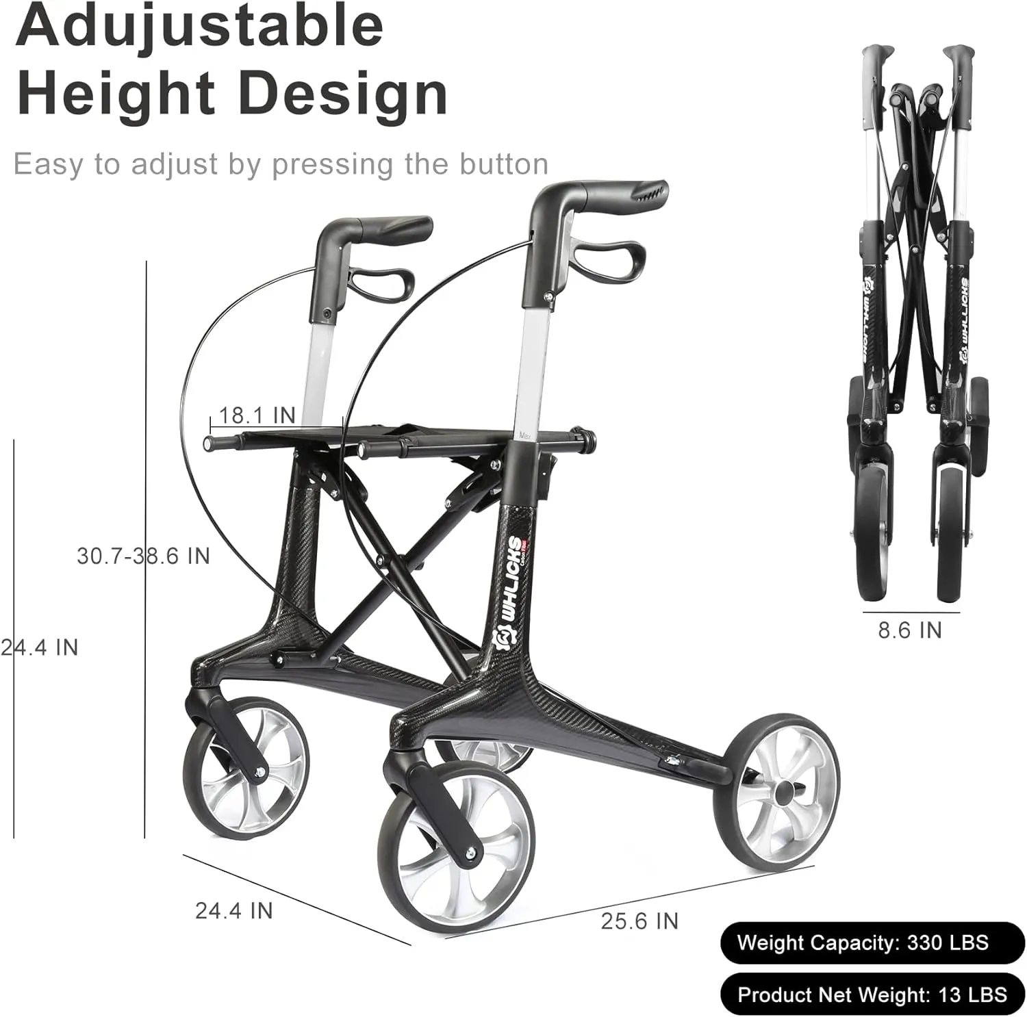 Carbon Ultralight Rollator Walker for Seniors with 2 Organizer Bags, Comes Fully Assembled, Only 13lbs Lightweight Foldable 4 Wheel Walker with Seat and Brakes, 330 lbs Capacity Rolling Walker