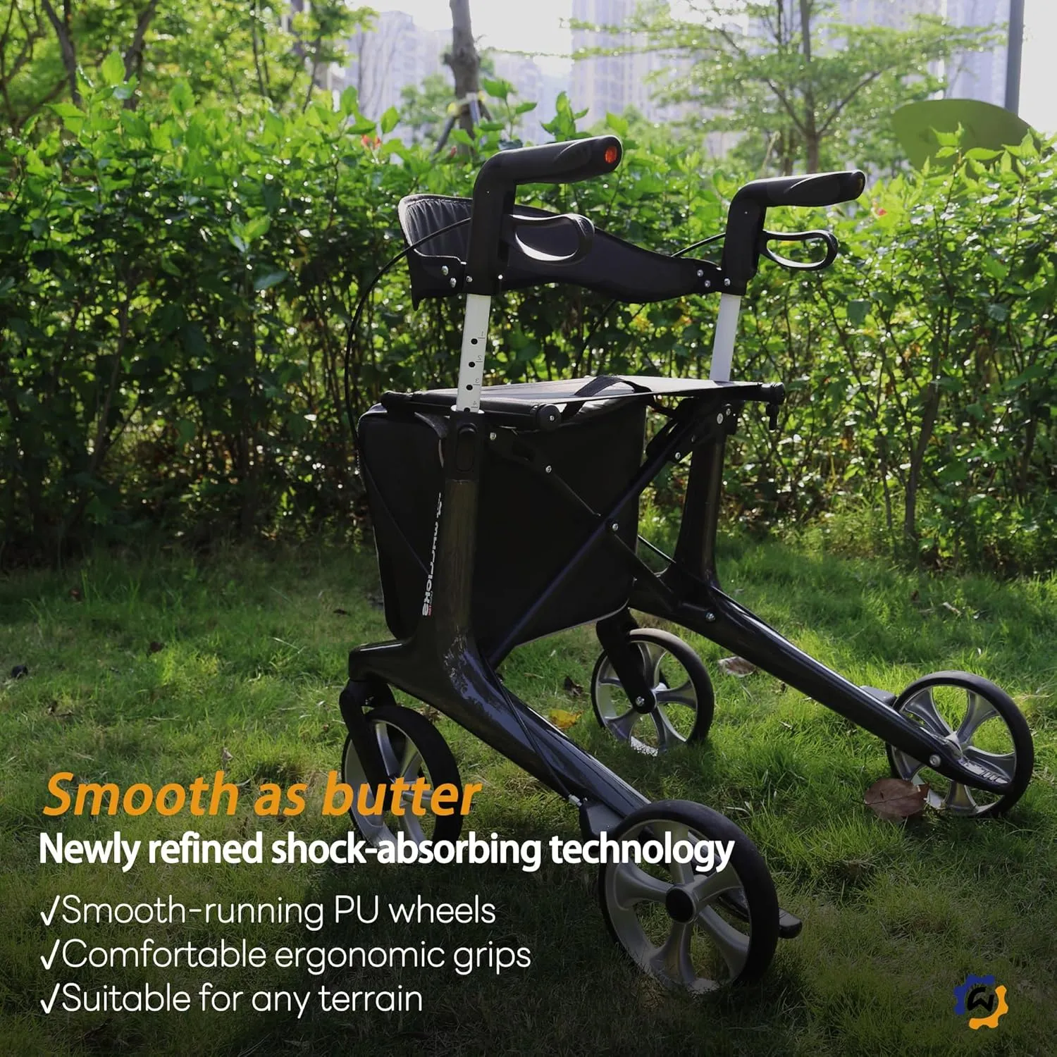 Carbon Ultralight Rollator Walker for Seniors with 2 Organizer Bags, Comes Fully Assembled, Only 13lbs Lightweight Foldable 4 Wheel Walker with Seat and Brakes, 330 lbs Capacity Rolling Walker
