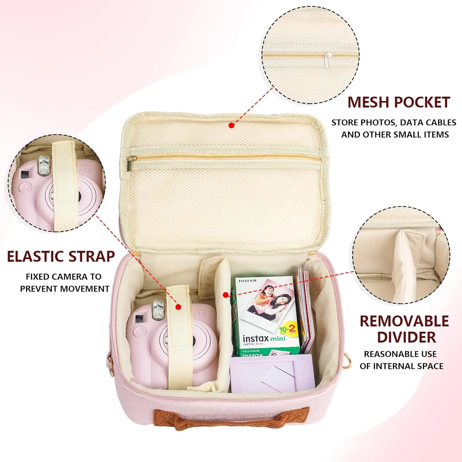 Carrying Protective Bag for Fujifilm Instax Mini 12/11/99/9/EVO/40/90/Link2/Liplay Camera Universal digital camera Case with Shoulder Strap Accessories Bundle(Pink)