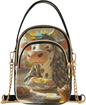 Cartoon Cow Breakfast Multi Pockets Crossbody Bags for Women Zip Cell Phone Purse Wallet Bag with Detachable Shoulder Strap Shoulder Purse for Gift Traveling Working Shopping Women Girls Trendy