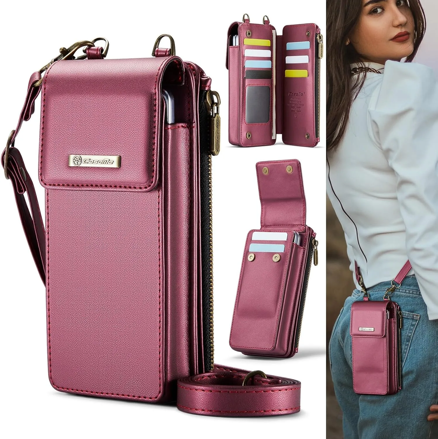 Cell Phone Bag Wallet Women/Men Case Compatible with Galaxy Z Fold 6/5/4/3 Universal Cell Sleeve Crossbody Bag Shoulder Strap,with Card Holder Strap PU Leather RFID Blocking Flip Folio Cover Credit Sl