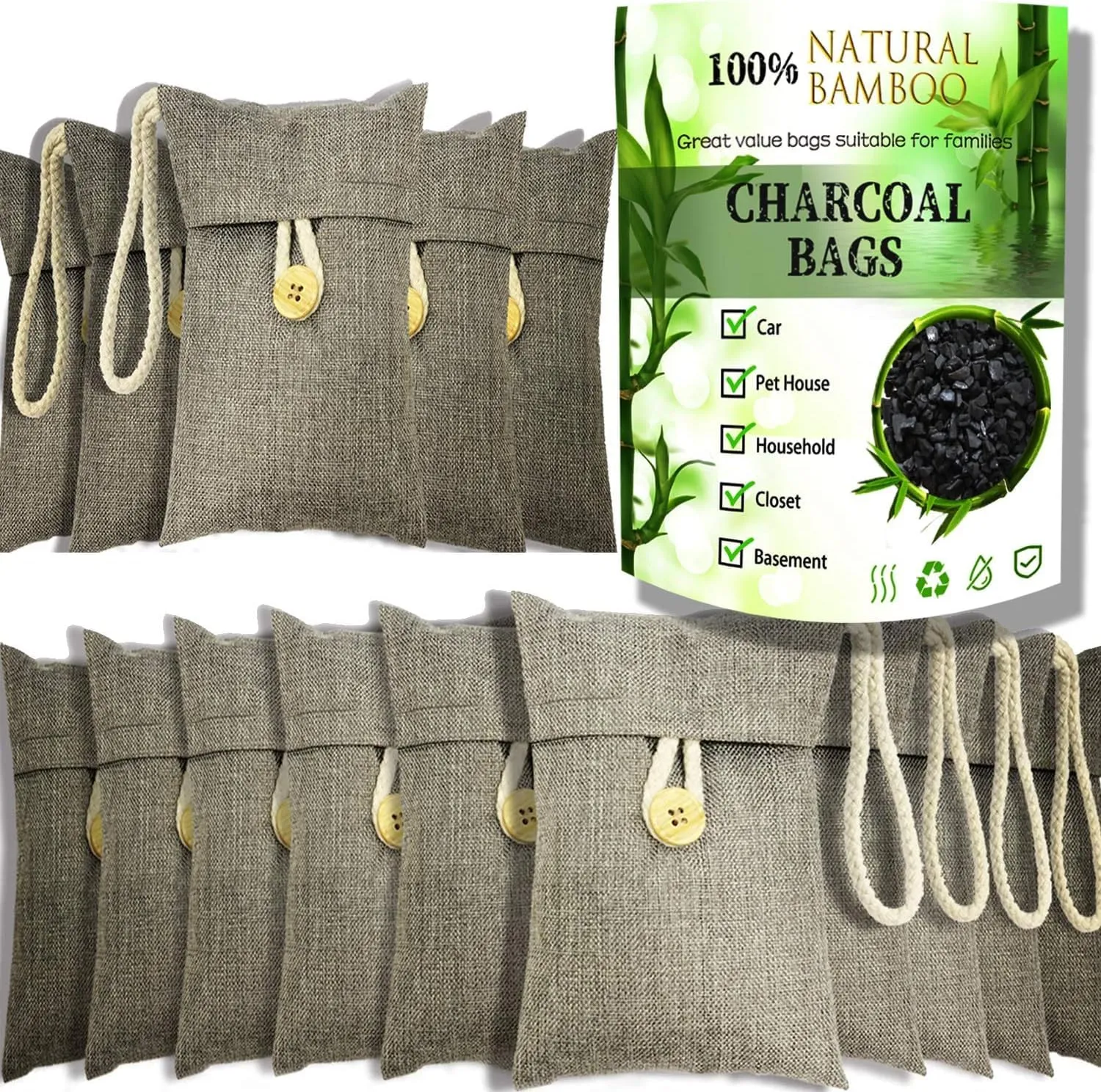 Charcoal bags Odor Absorber Activated Bamboo Charcoal Air Purifying Bag for Home Odor Eliminator Car Air Freshener for Closet Deodorizer Shoe Room Basement Litter Box Pet safe Bag 15Packs×100g