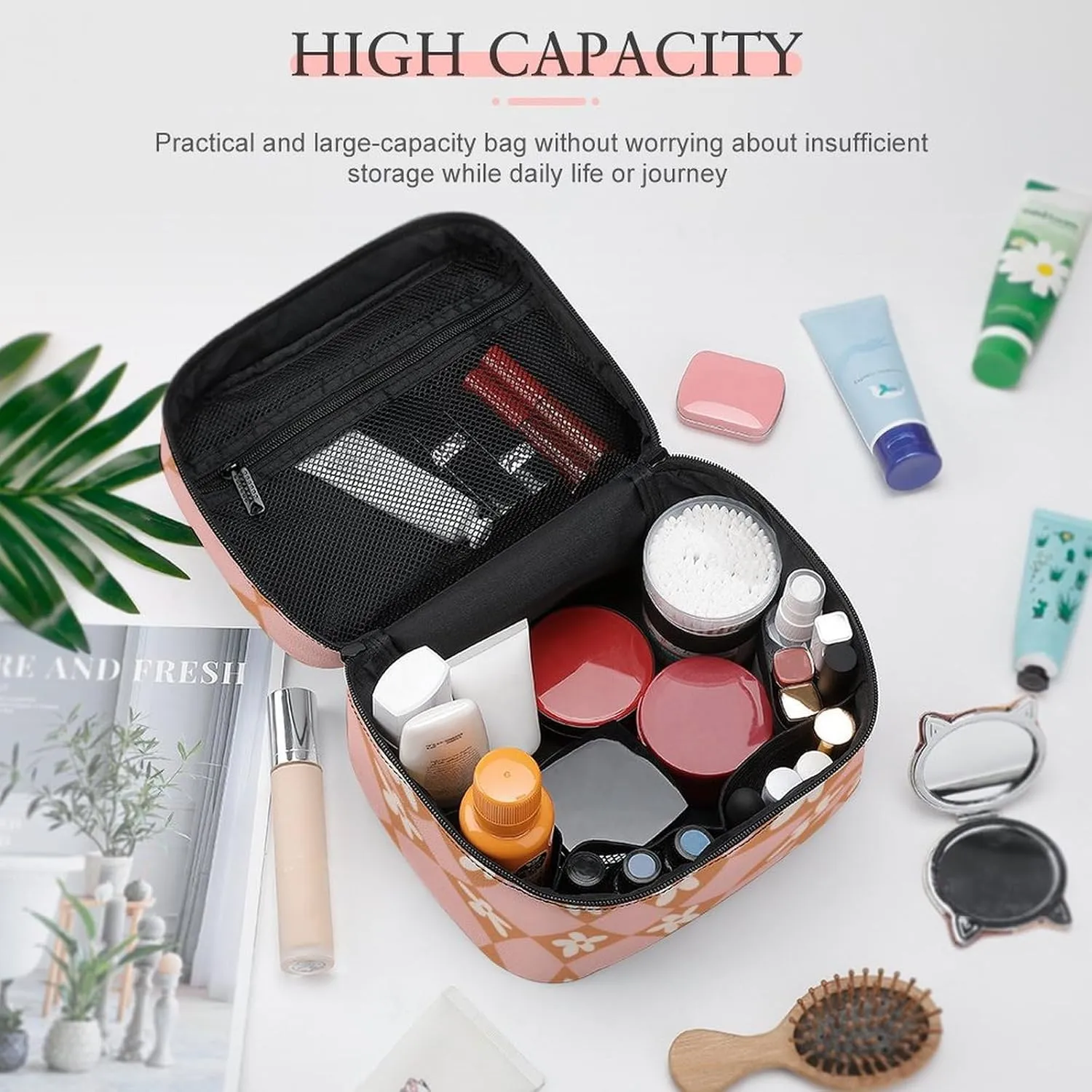 Checkered Flowers Psychedelic Large Capacity Soft And High-value Practical Makeup And Wash Bag