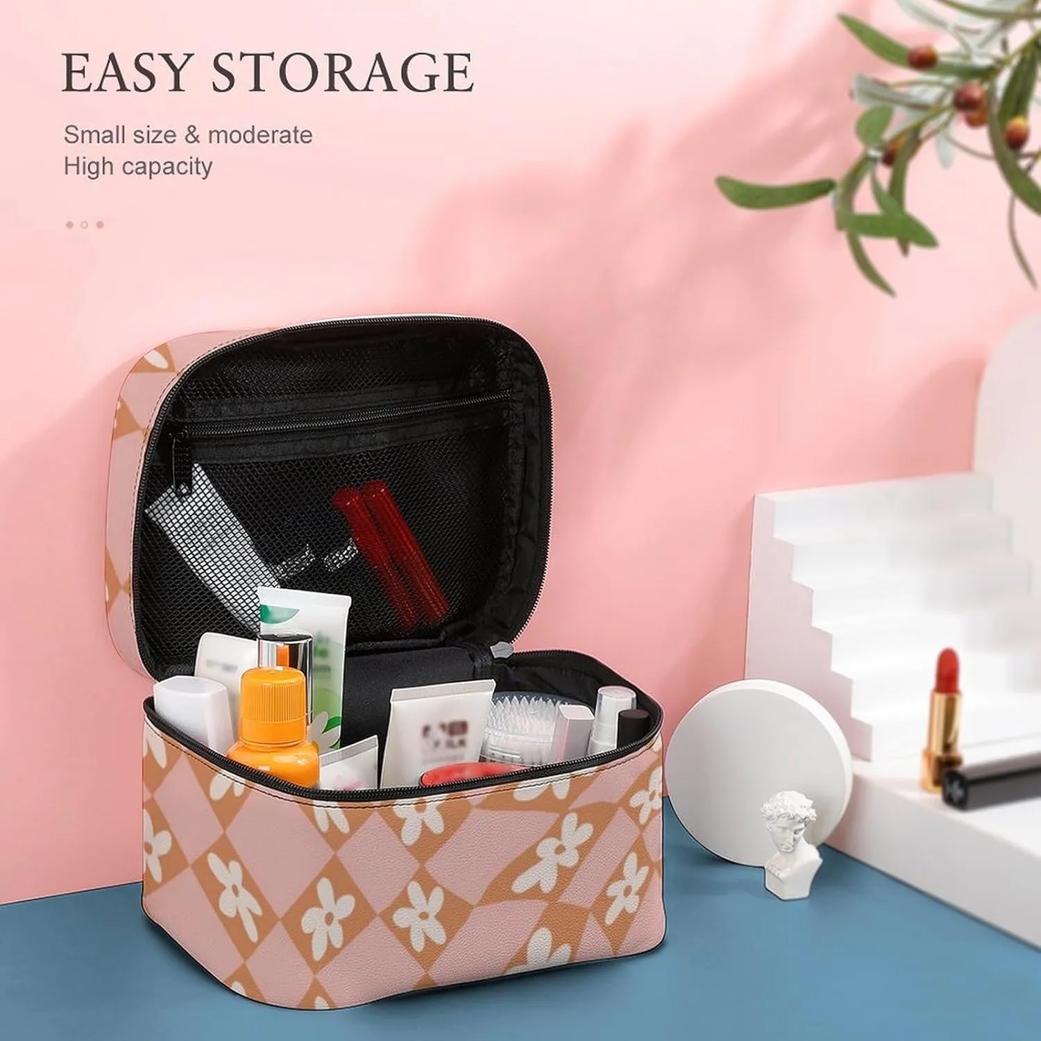 Checkered Flowers Psychedelic Large Capacity Soft And High-value Practical Makeup And Wash Bag
