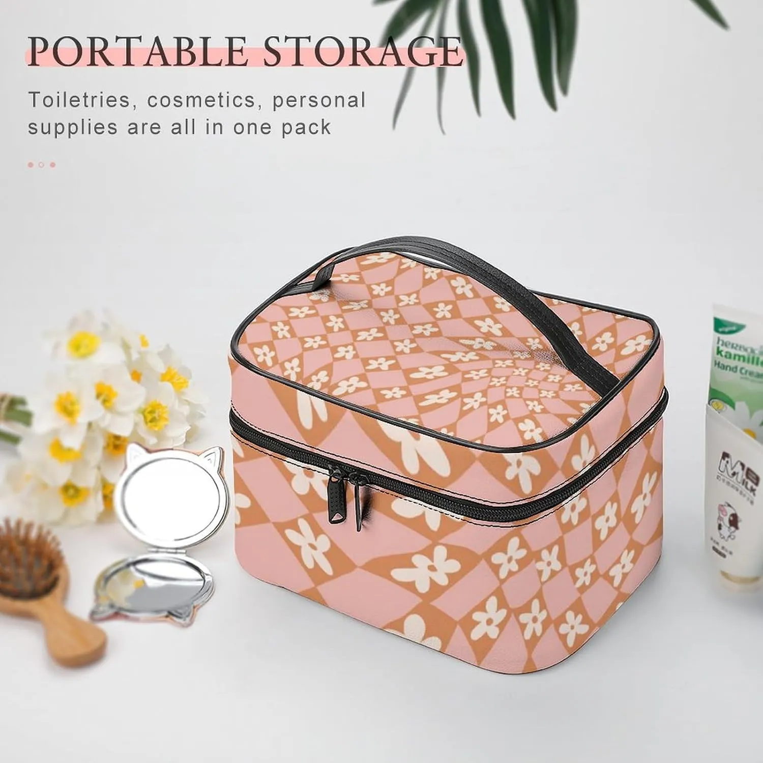 Checkered Flowers Psychedelic Large Capacity Soft And High-value Practical Makeup And Wash Bag