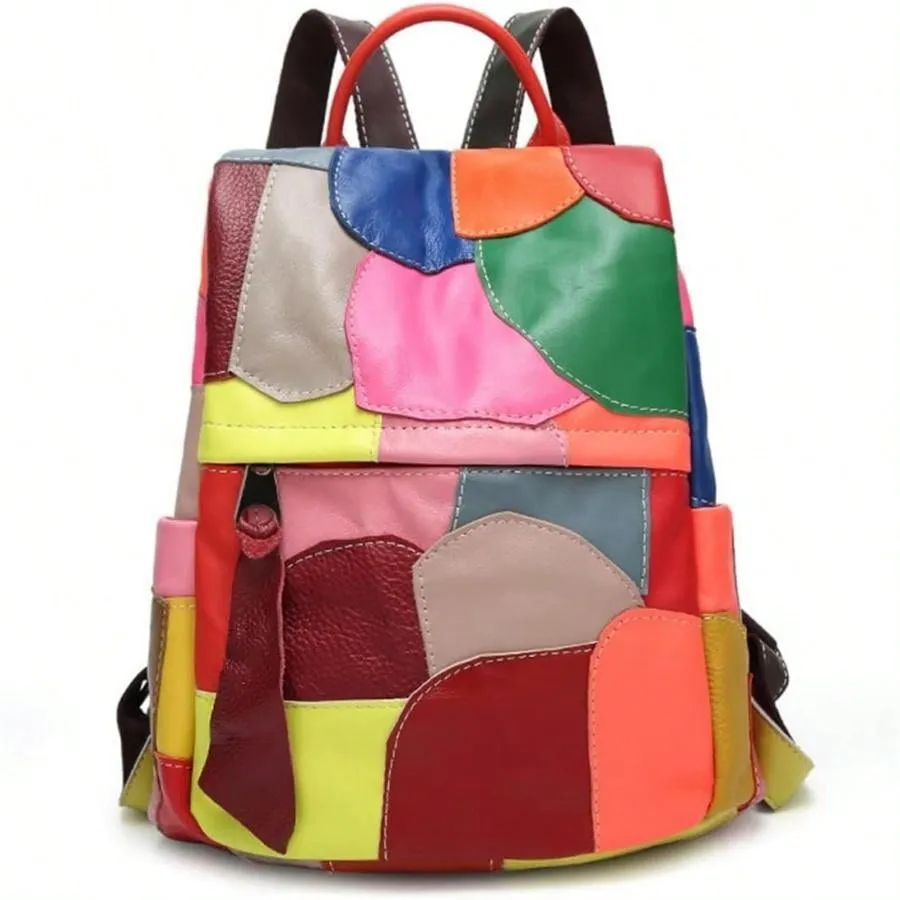 Chic Genuine Leather Leisure Backpack - Spacious Cowhide Travel Bag with Stylish Patchwork