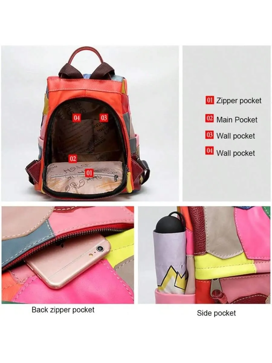 Chic Genuine Leather Leisure Backpack - Spacious Cowhide Travel Bag with Stylish Patchwork