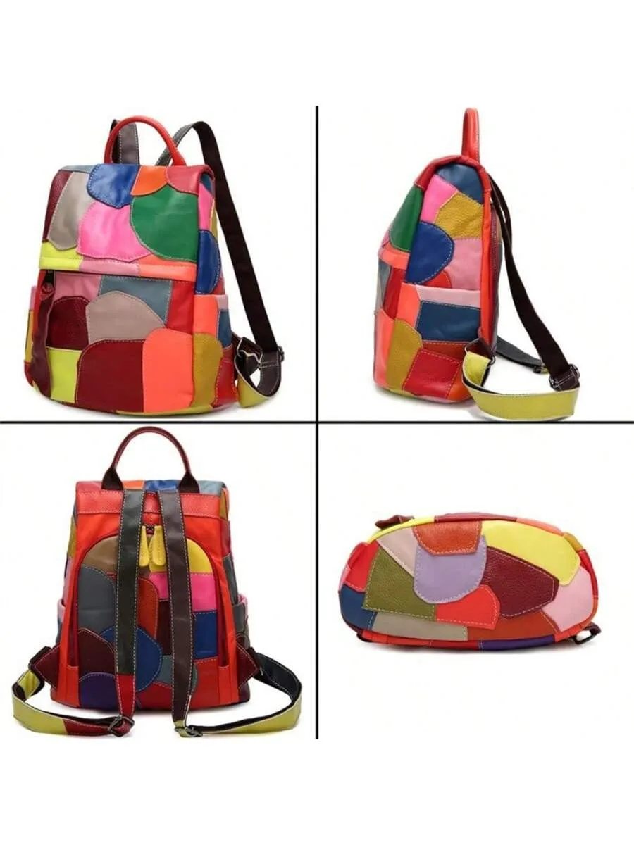 Chic Genuine Leather Leisure Backpack - Spacious Cowhide Travel Bag with Stylish Patchwork