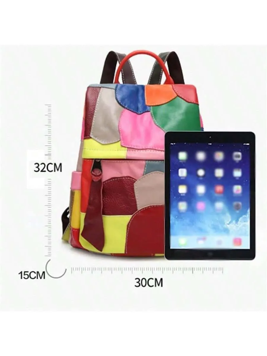 Chic Genuine Leather Leisure Backpack - Spacious Cowhide Travel Bag with Stylish Patchwork