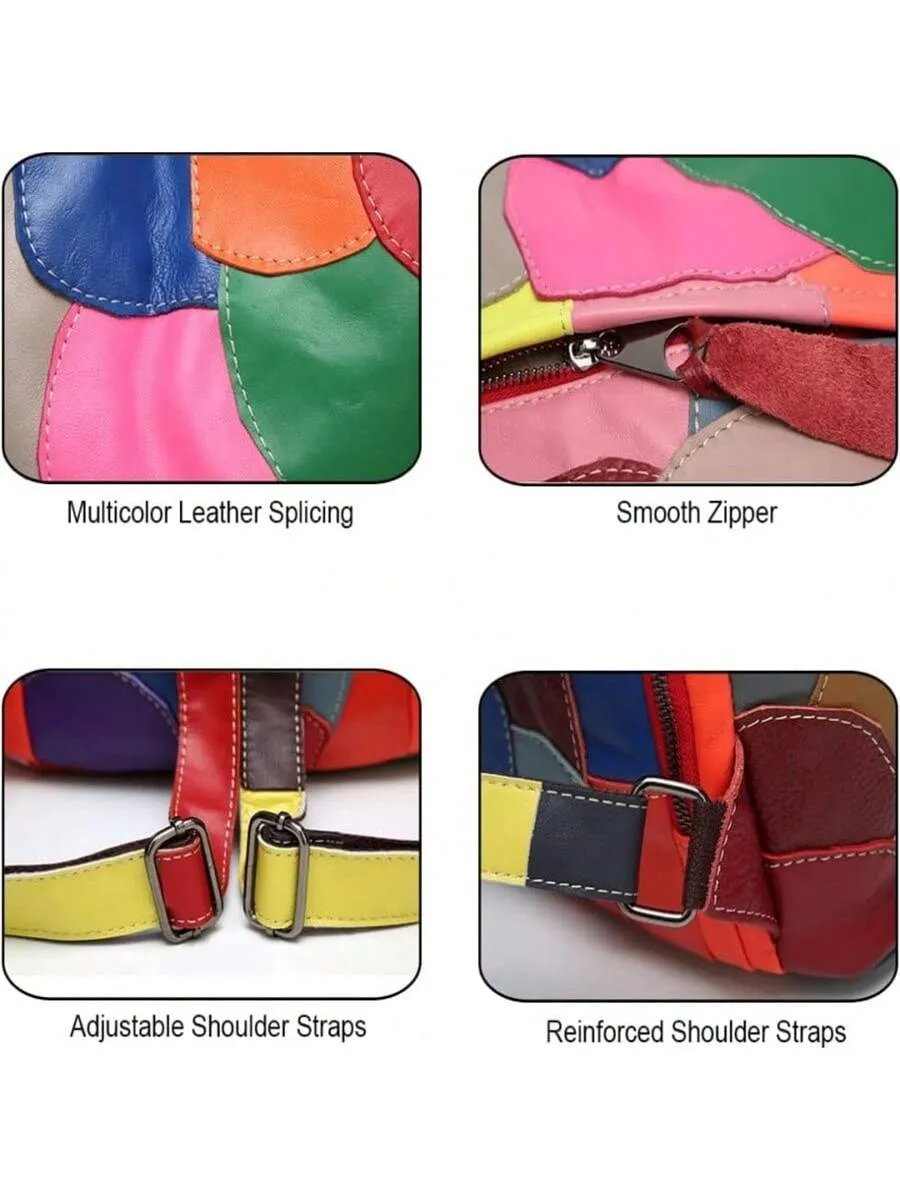 Chic Genuine Leather Leisure Backpack - Spacious Cowhide Travel Bag with Stylish Patchwork