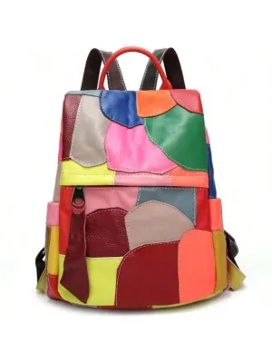 Chic Genuine Leather Leisure Backpack - Spacious Cowhide Travel Bag with Stylish Patchwork