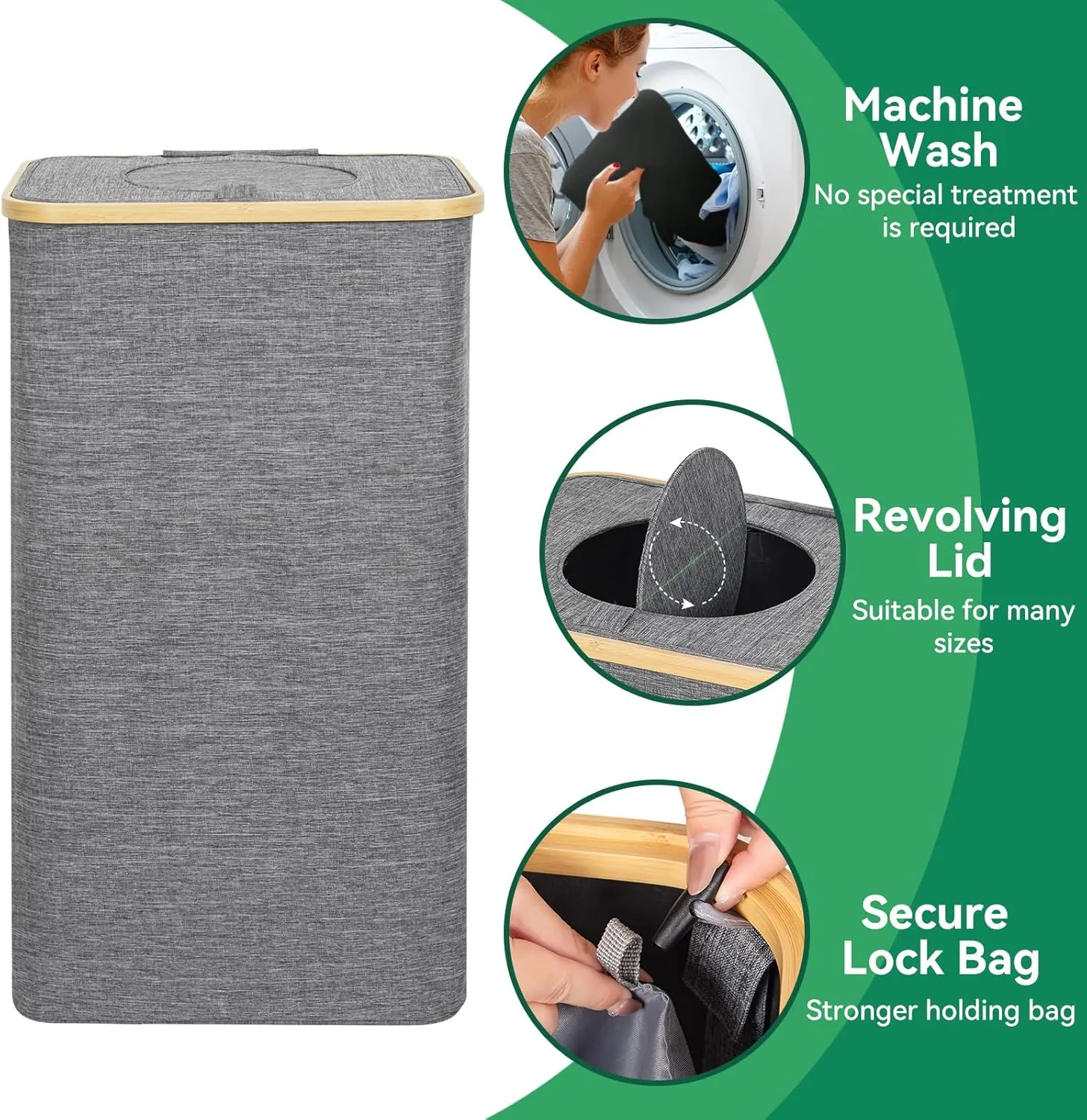Chrisley 100L Laundry Basket with Lid, Large Laundry Hamper with 2 Removable Lining Bags, Tall Laundry Organizer with Bamboo Handle, Foldable Dirty Clothes Hamper for Bedroom, Bathroom, Grey