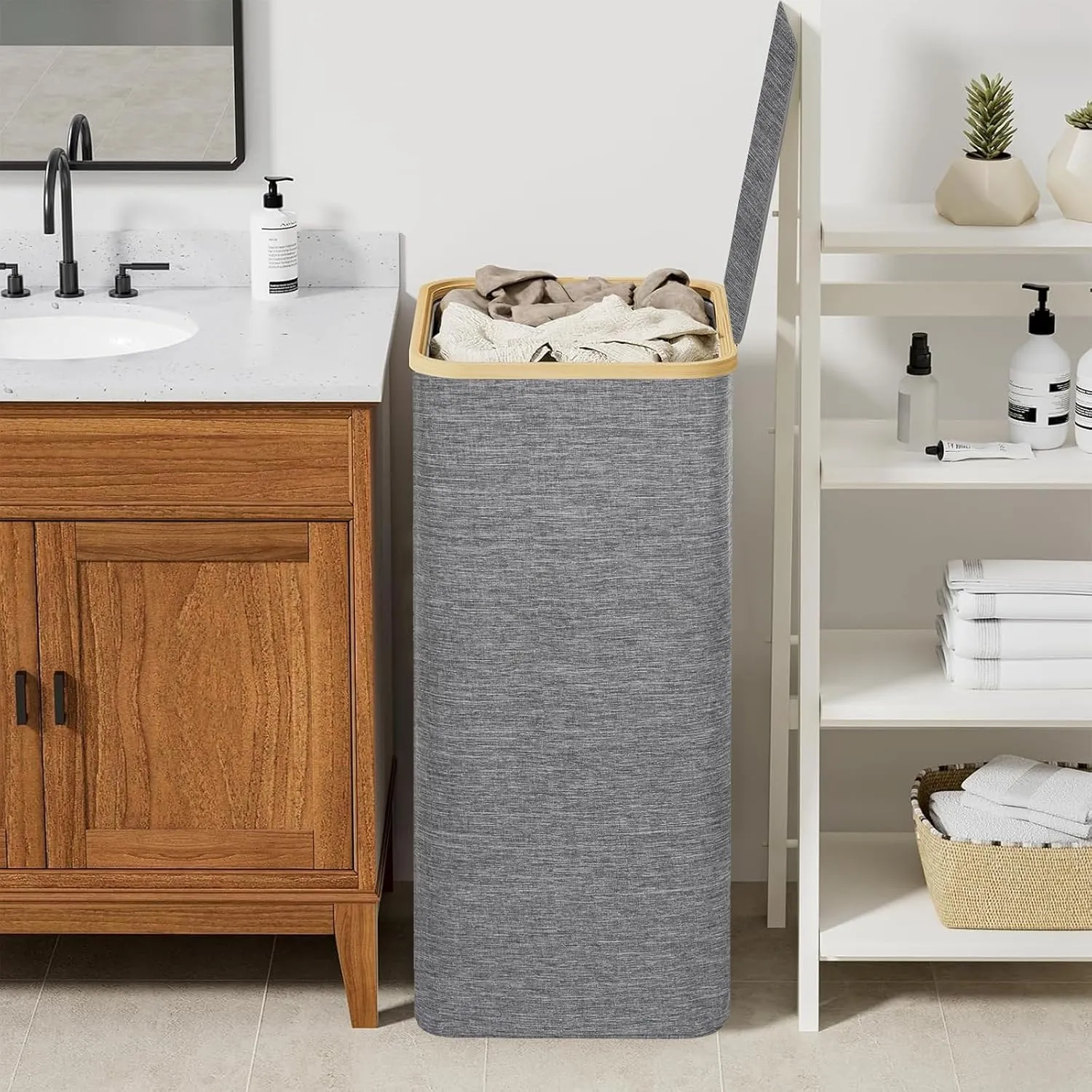 Chrisley 100L Laundry Basket with Lid, Large Laundry Hamper with 2 Removable Lining Bags, Tall Laundry Organizer with Bamboo Handle, Foldable Dirty Clothes Hamper for Bedroom, Bathroom, Grey