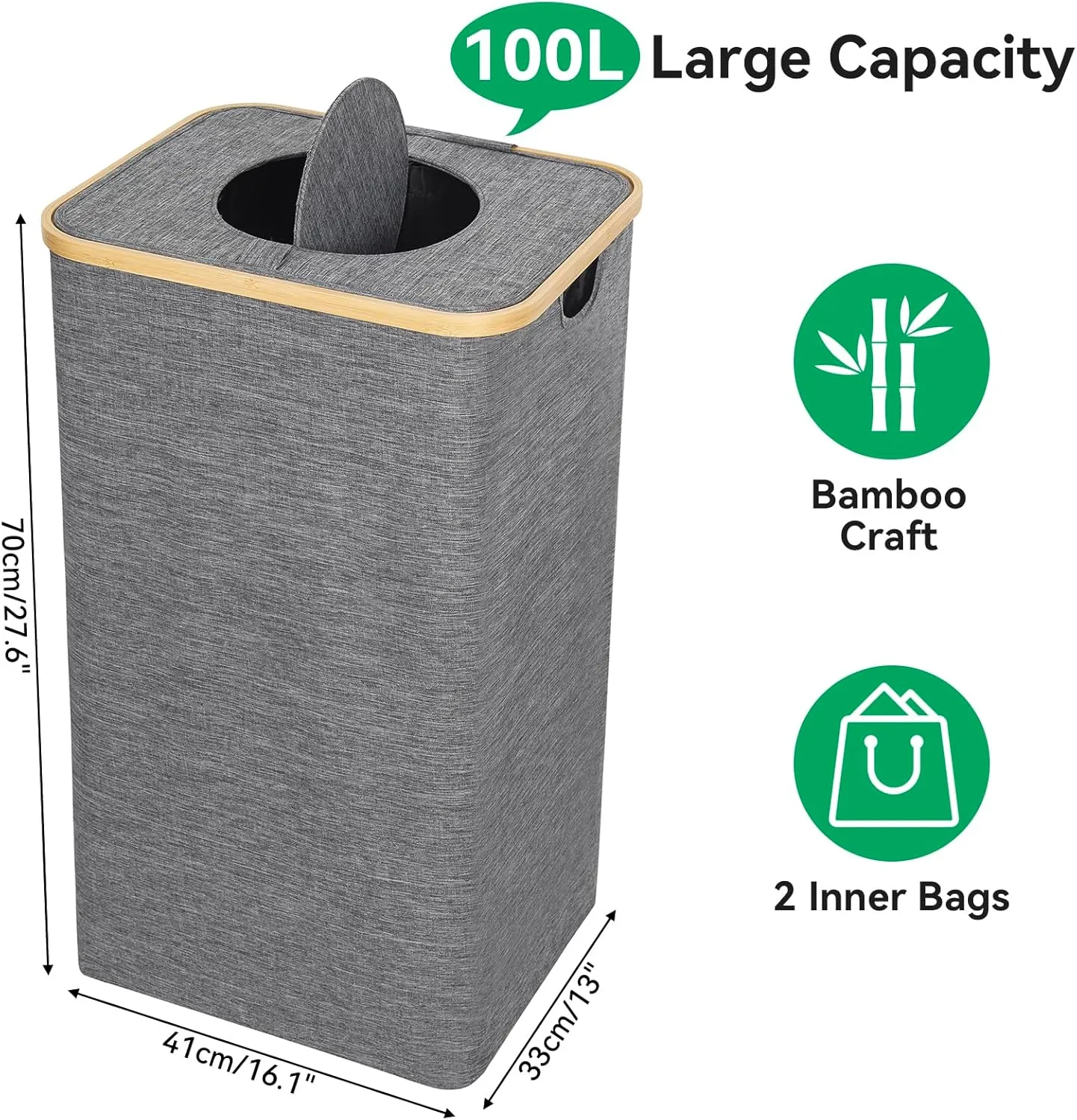 Chrisley 100L Laundry Basket with Lid, Large Laundry Hamper with 2 Removable Lining Bags, Tall Laundry Organizer with Bamboo Handle, Foldable Dirty Clothes Hamper for Bedroom, Bathroom, Grey