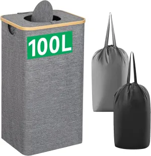 Chrisley 100L Laundry Basket with Lid, Large Laundry Hamper with 2 Removable Lining Bags, Tall Laundry Organizer with Bamboo Handle, Foldable Dirty Clothes Hamper for Bedroom, Bathroom, Grey