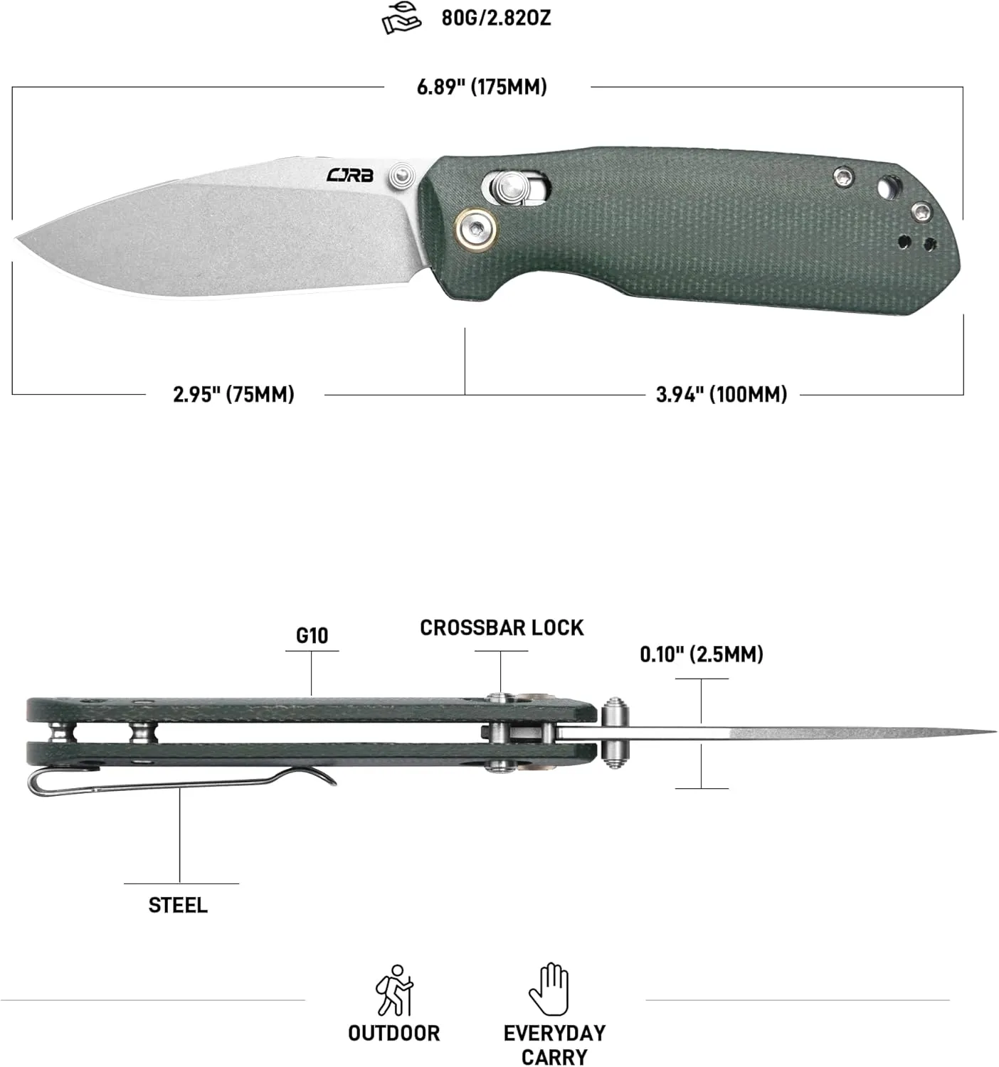 CJRB Maximal Folding Knife, 2.95" AR-RPM9 Steel Blade Green Micarta Handle Pocket Knife for Men Women, Crossbar Lock EDC Knife for Camping Hiking, Designed by David C. Andersen(J1954 Green)