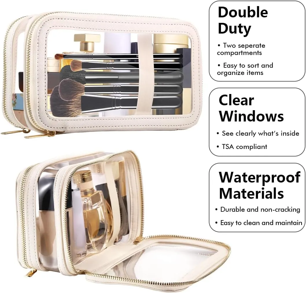 Clear Makeup Case, Double Layer Cosmetic Bag Travel Toiletry Bag, Car Make up Bags Organizer with Zipper for Women.(White)