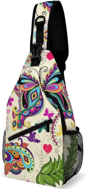 Colorful Vintage Butterflies Sling Backpack, Crossbody Shoulder Bag, Chest Bags for Outdoor Travel Fitness