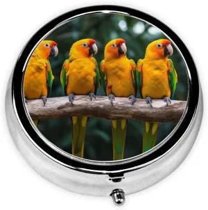 Colorful Yellow Parrots on Branch Pill Box Round Pill Case for Pocket Purse 3 Compartment Medicine Pill Organizer Cute Portable Travel Pillbox Vitamin Cod Liver Oil Storage Box Unique Gift Organizer