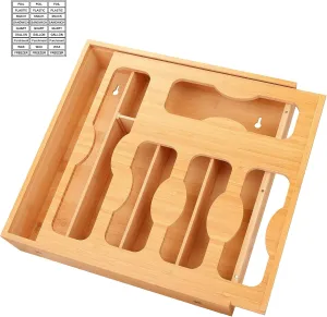 Comfoyar 5 In 1 Bamboo Storage Bag Organizer with Slider for Kitchen, Baggie Storage Organizer for Drawer or Wall Mount, Compatible with Gallon, Quart Sandwich Snack Size Bags, Variety Plastic Baggies