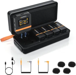 COMICA Vimo Q Wireless Lavalier Microphone System with 4 Transmitters and 1 Receiver, 4 Audio Tracks Individual Output, Noise Cancellation, 656' Range, Lav Mic for Camera, iPhone, Android, PC, etc