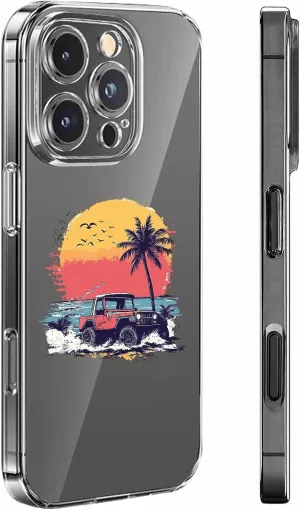 Compatible with iPhone 13 Pro Max Case 6.7 inch, Palm Tree Buggy Red Sunset Beach Ocean Waves Retro Clear Phone Case Ultra Thin Anti-Scratch Transparent Phone Cover Shockproof Protective TPU Cover
