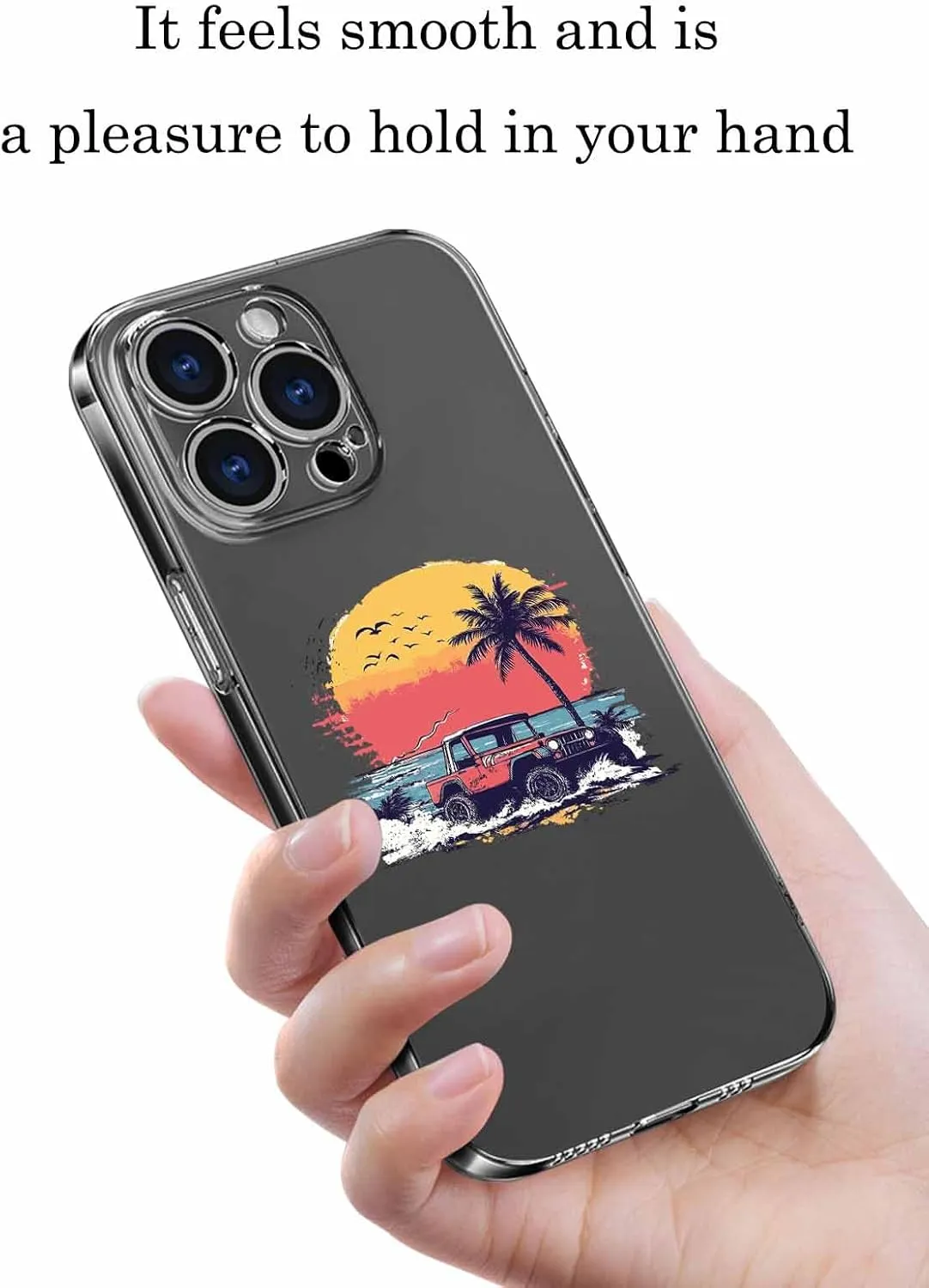 Compatible with iPhone 13 Pro Max Case 6.7 inch, Palm Tree Buggy Red Sunset Beach Ocean Waves Retro Clear Phone Case Ultra Thin Anti-Scratch Transparent Phone Cover Shockproof Protective TPU Cover