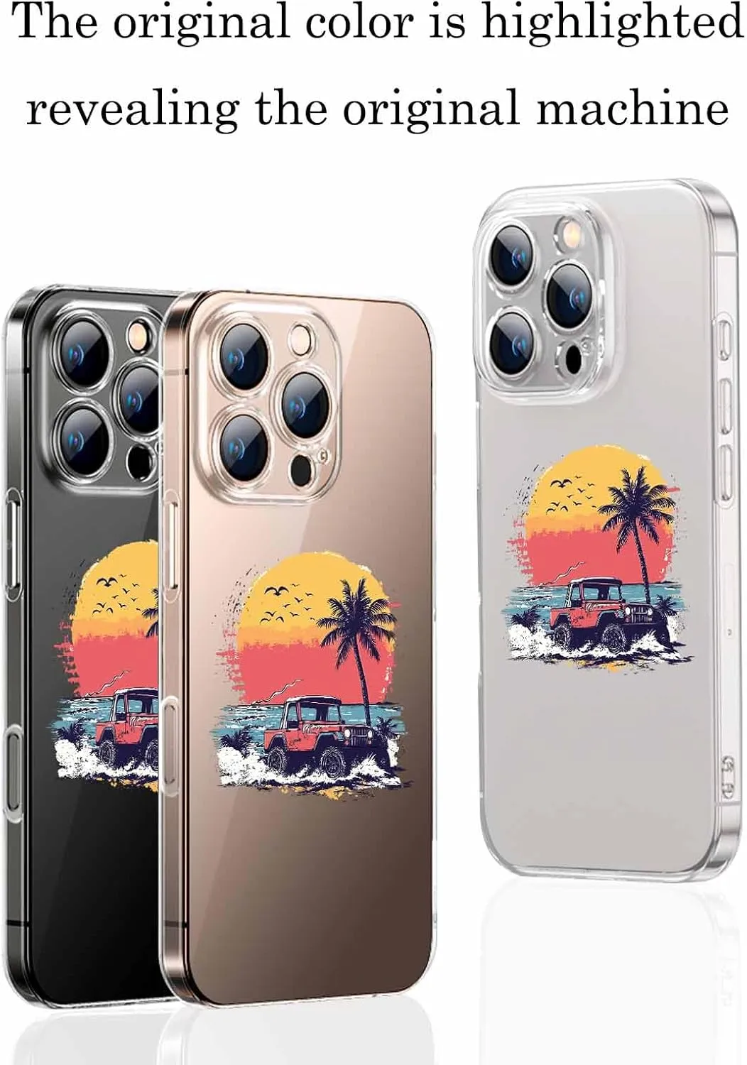 Compatible with iPhone 13 Pro Max Case 6.7 inch, Palm Tree Buggy Red Sunset Beach Ocean Waves Retro Clear Phone Case Ultra Thin Anti-Scratch Transparent Phone Cover Shockproof Protective TPU Cover