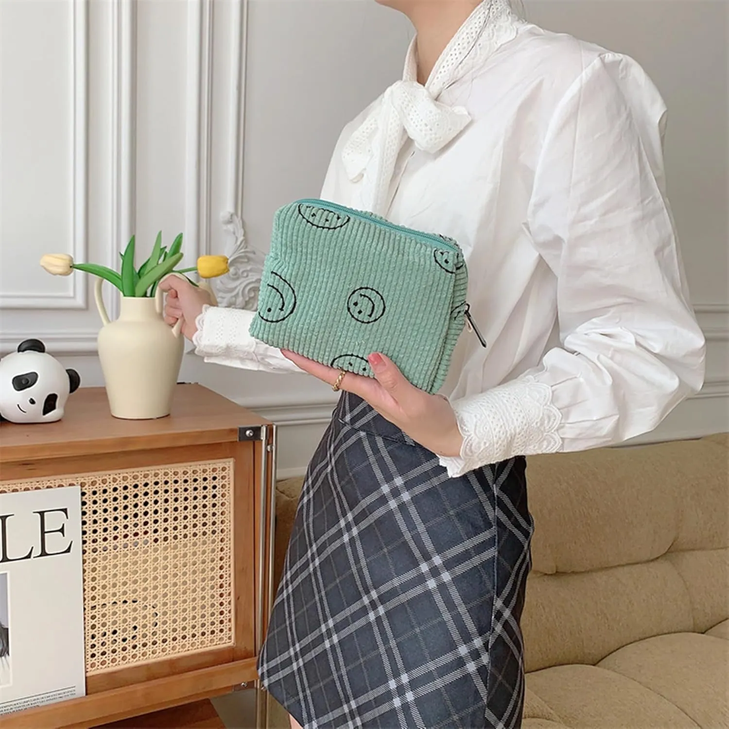 Cosmetic Bags for Women - Corduroy Cosmetic Bag Aesthetic Women Handbags Purses Smile Dots Makeup Organizer Storage Makeup Bag Girls Case Bags (3PCs Green)