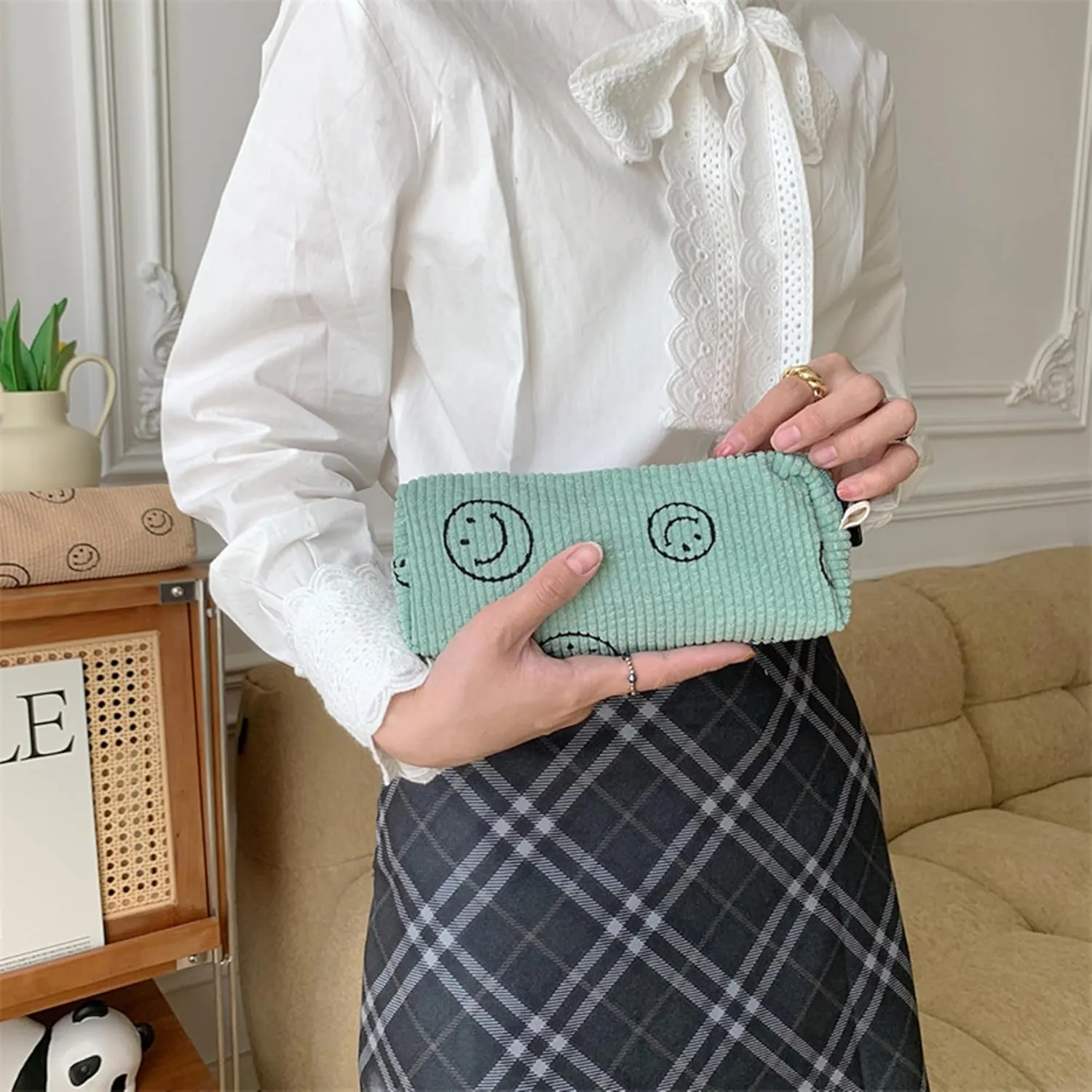 Cosmetic Bags for Women - Corduroy Cosmetic Bag Aesthetic Women Handbags Purses Smile Dots Makeup Organizer Storage Makeup Bag Girls Case Bags (3PCs Green)