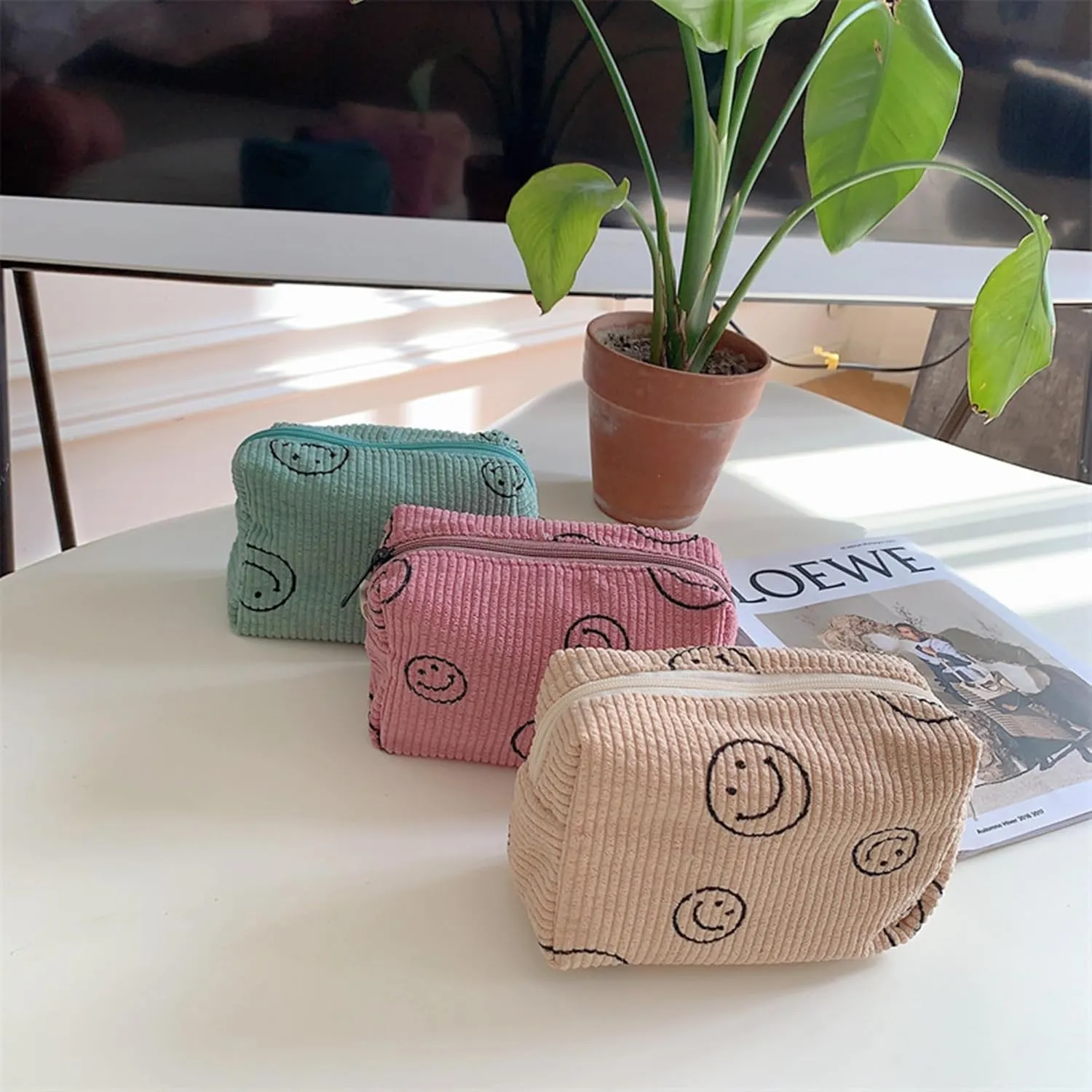 Cosmetic Bags for Women - Corduroy Cosmetic Bag Aesthetic Women Handbags Purses Smile Dots Makeup Organizer Storage Makeup Bag Girls Case Bags (3PCs Green)