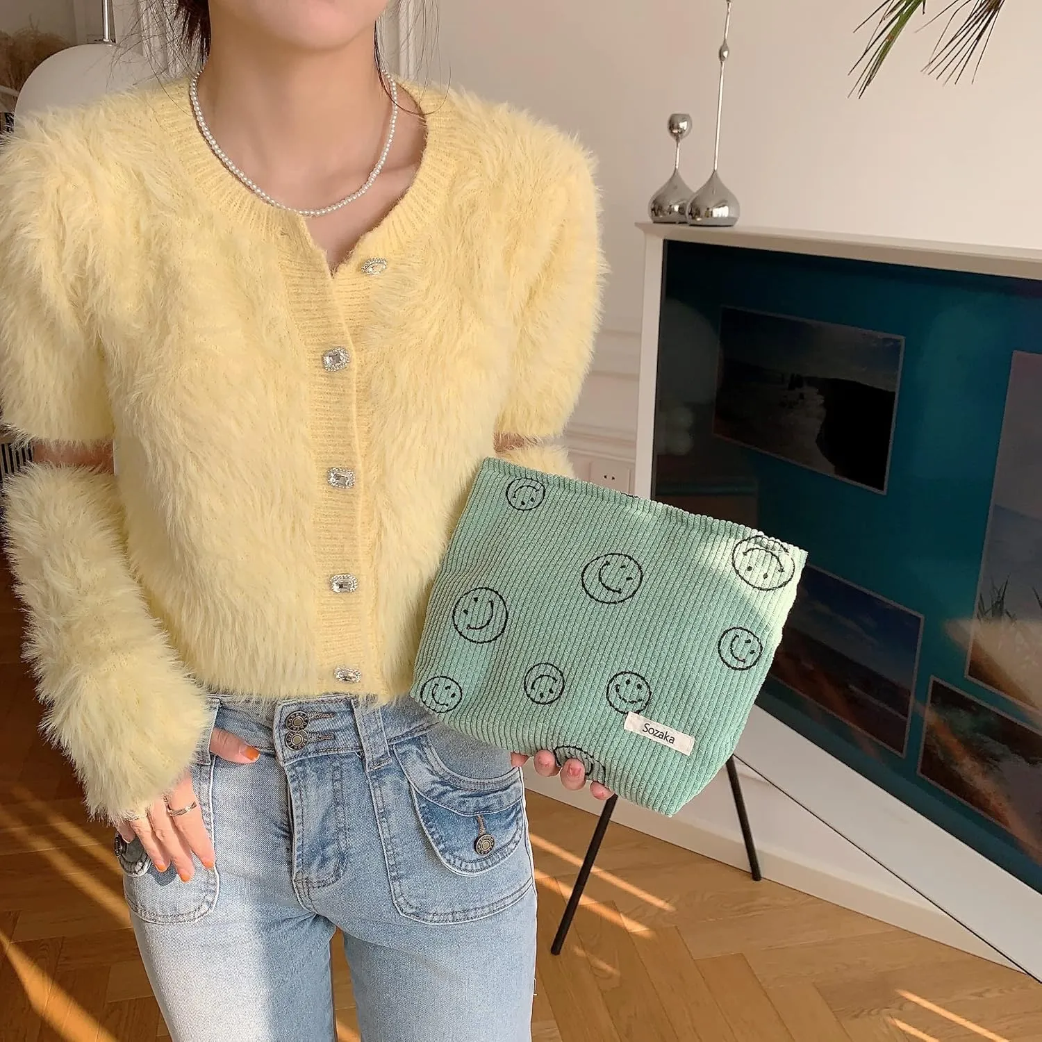 Cosmetic Bags for Women - Corduroy Cosmetic Bag Aesthetic Women Handbags Purses Smile Dots Makeup Organizer Storage Makeup Bag Girls Case Bags (3PCs Green)