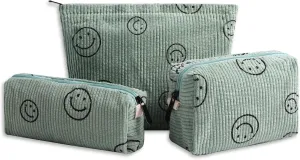 Cosmetic Bags for Women - Corduroy Cosmetic Bag Aesthetic Women Handbags Purses Smile Dots Makeup Organizer Storage Makeup Bag Girls Case Bags (3PCs Green)