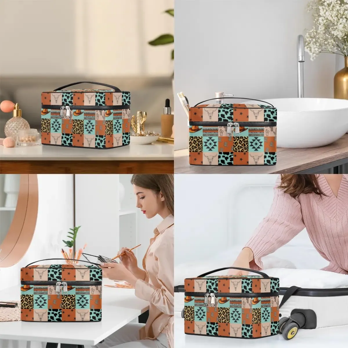 Cow Skull Makeup Bag, Western Stuff Travel Cosmetic Bag for Women Girls Large Capacity Make Up Case Cosmetic Organizer Toiletry Bag Zipper Pouch