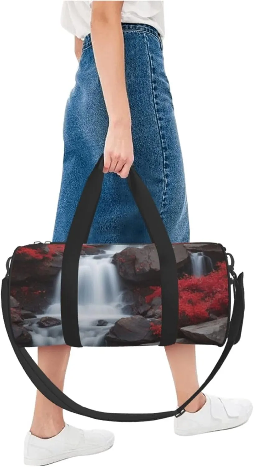Crimson Cascade Printed Travel Bag,Round Personal Item Storage bag,Foldie Duffel Bag for Traveling Vacation,Fitness,Sports