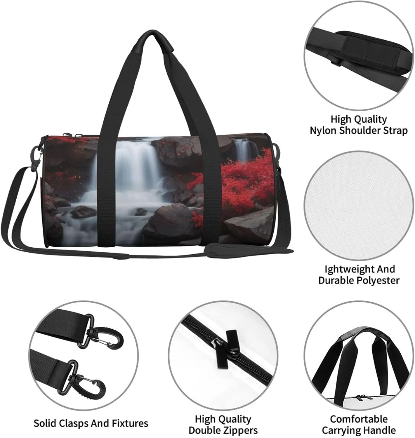Crimson Cascade Printed Travel Bag,Round Personal Item Storage bag,Foldie Duffel Bag for Traveling Vacation,Fitness,Sports