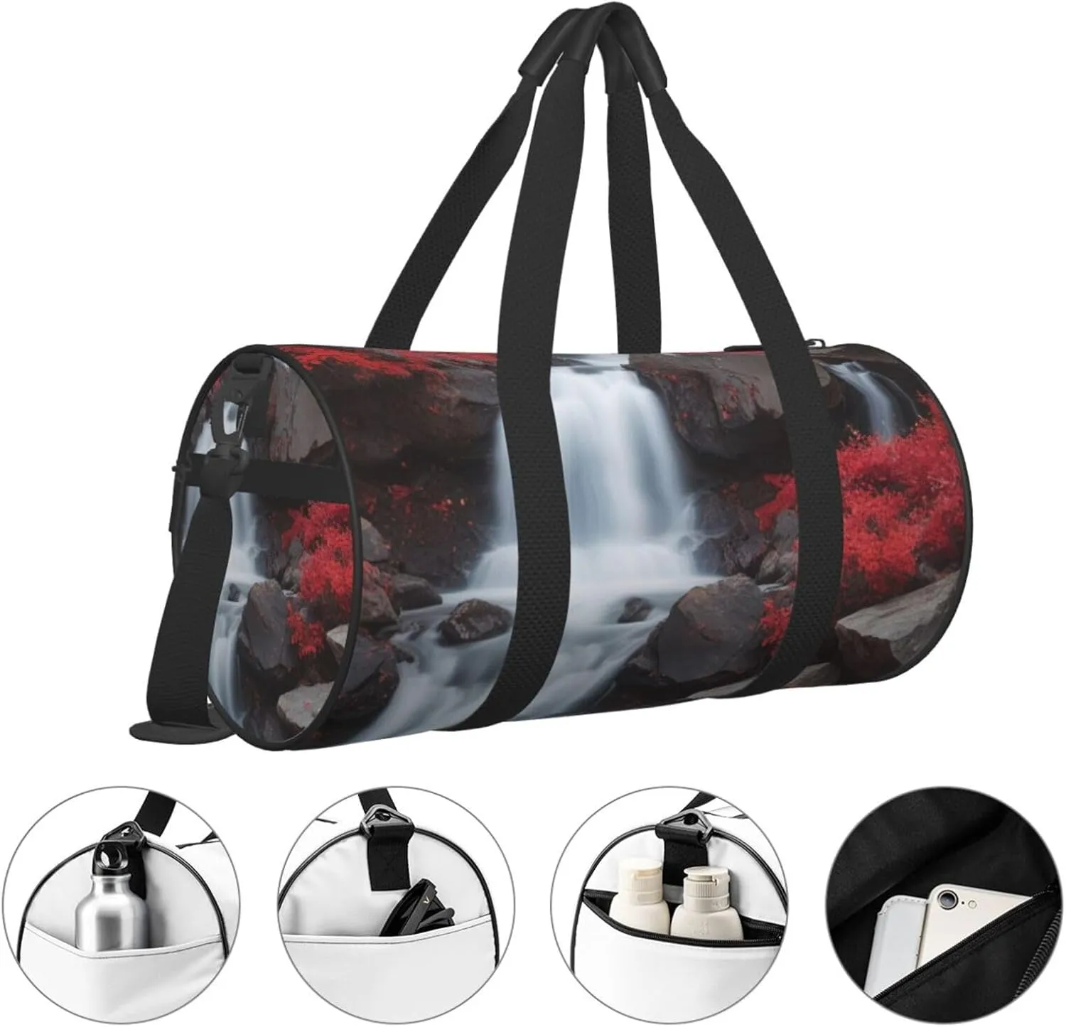 Crimson Cascade Printed Travel Bag,Round Personal Item Storage bag,Foldie Duffel Bag for Traveling Vacation,Fitness,Sports