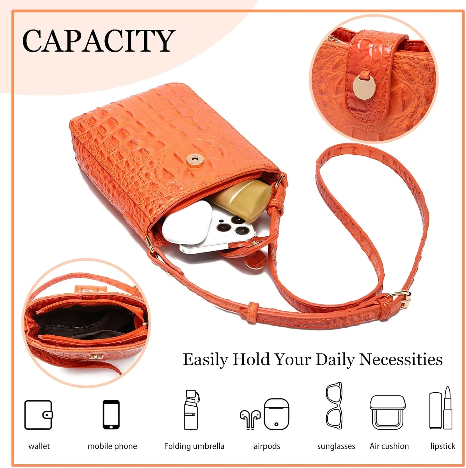 Crocodile Embossed Small Crossbody Bag Fashionable Magnetic Buckle Decoration Shoulder Women's Luxury Wallet