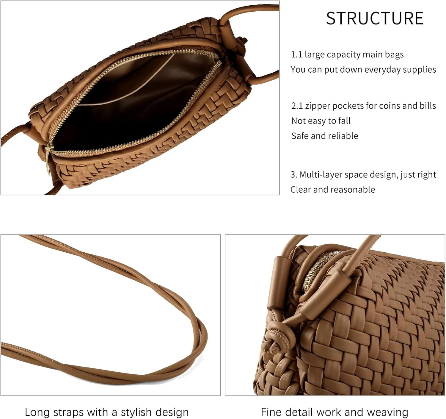 Crossbody Bag For Women Hand Woven Vegan Leather Zip Small Crossbody Bags Shoulder Bag Sling Cross Body Phone Purse