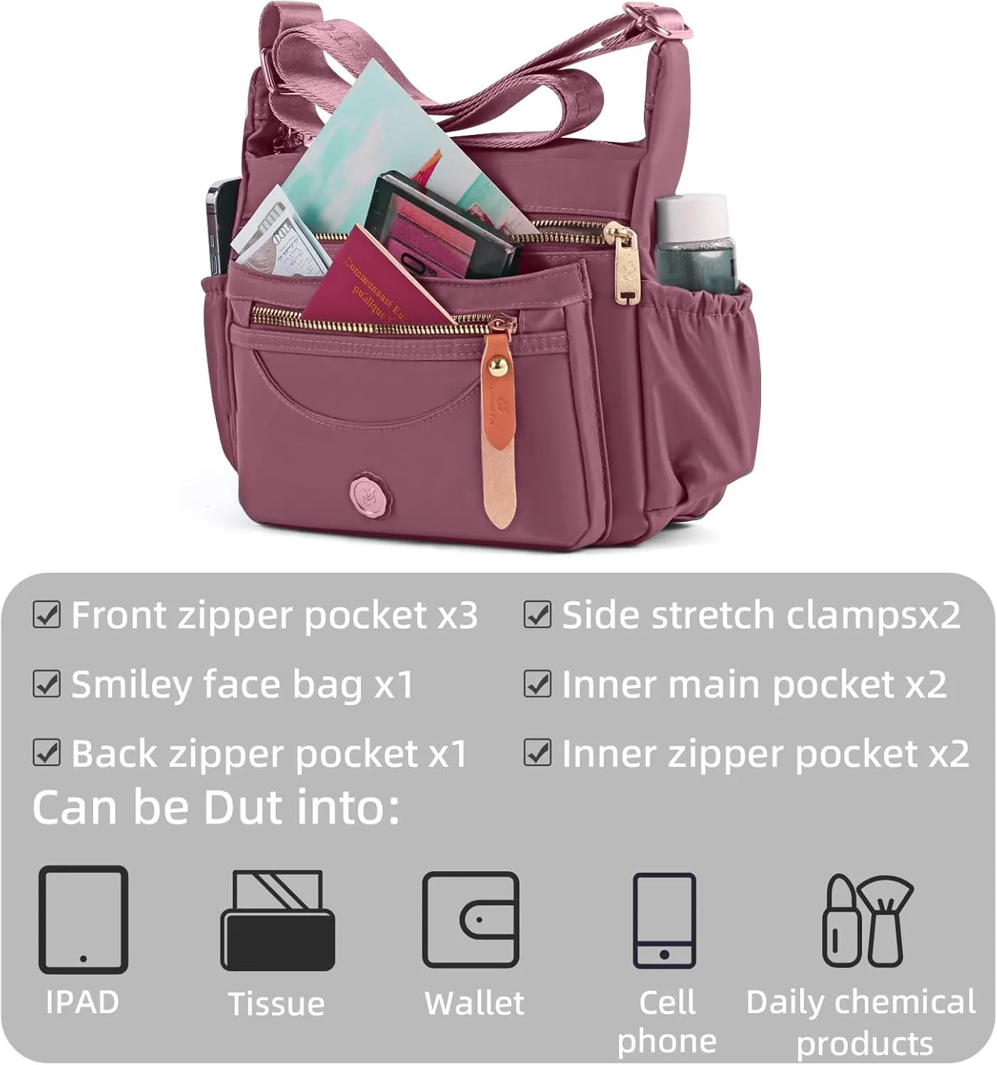 Crossbody Bag for Women, high density Nylon Shoulder Messenger Bag Trendy Pocketbooks, Waterproof and Multi-Pockets