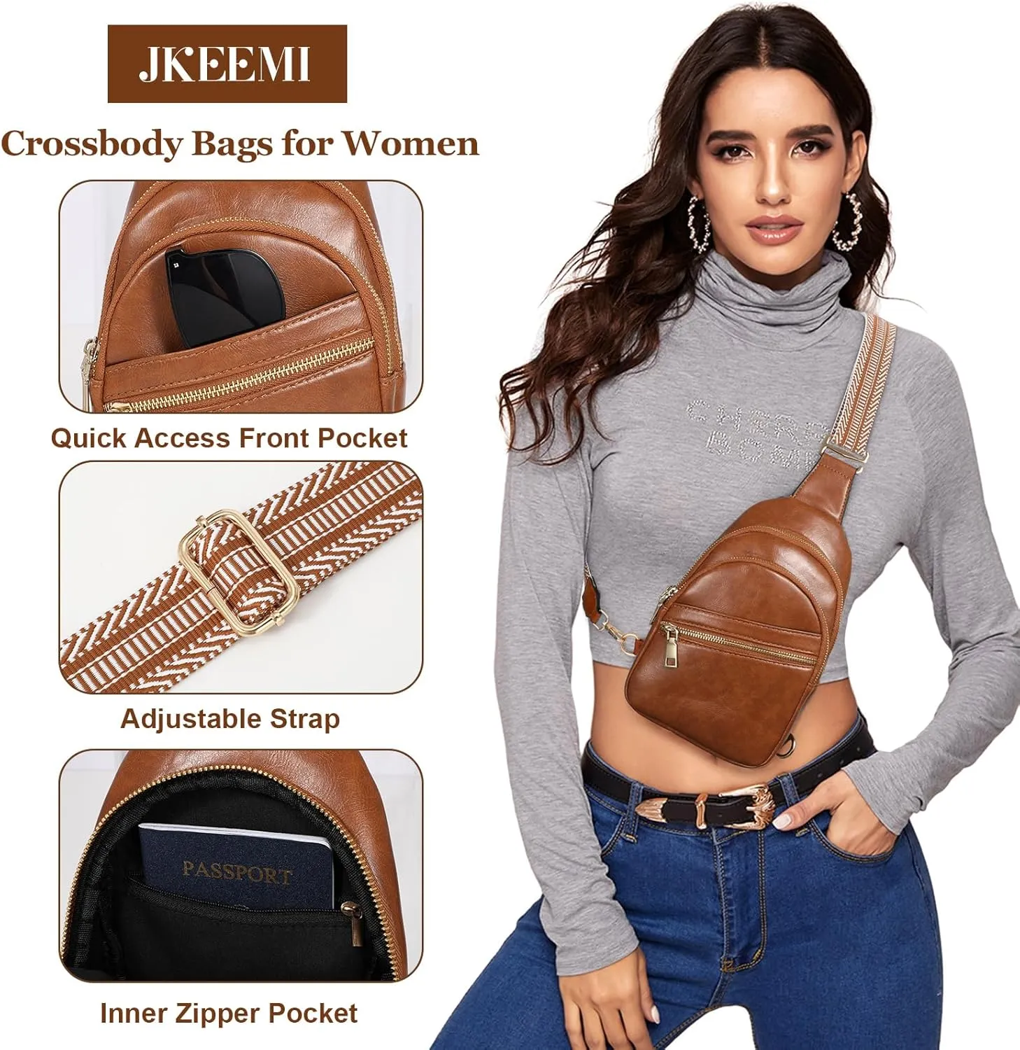 Crossbody Bag for Women, PU Leather Fanny Pack, Sling Bag, Chest Bag for Travel Shopping Sports