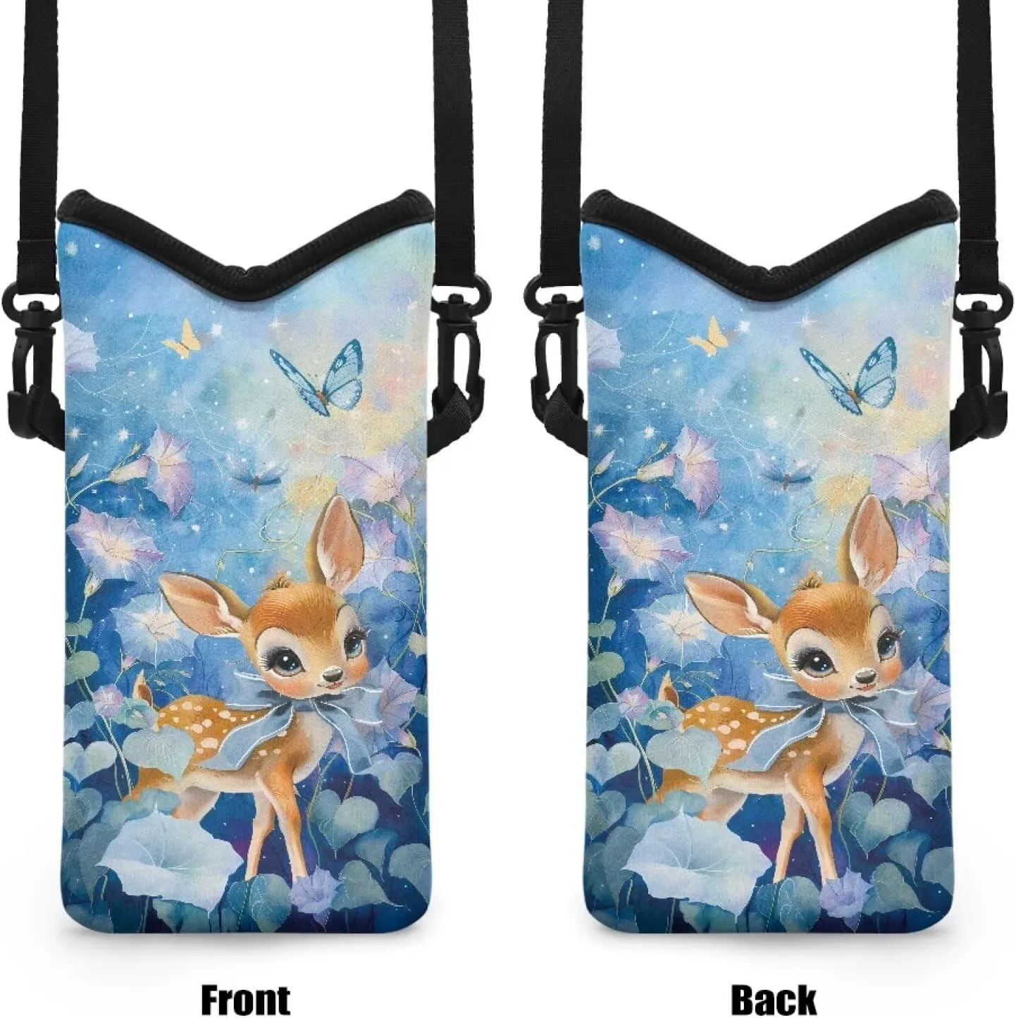 Crossbody Bag Waterproof Cell Phone Case with Adjustable Strap Universal Mini Shoulder Bag Phone Carry Pouch for iPhone 15/14 / 13/12 Pro Max, Deer Butterfly Morning Glory Flower Blue