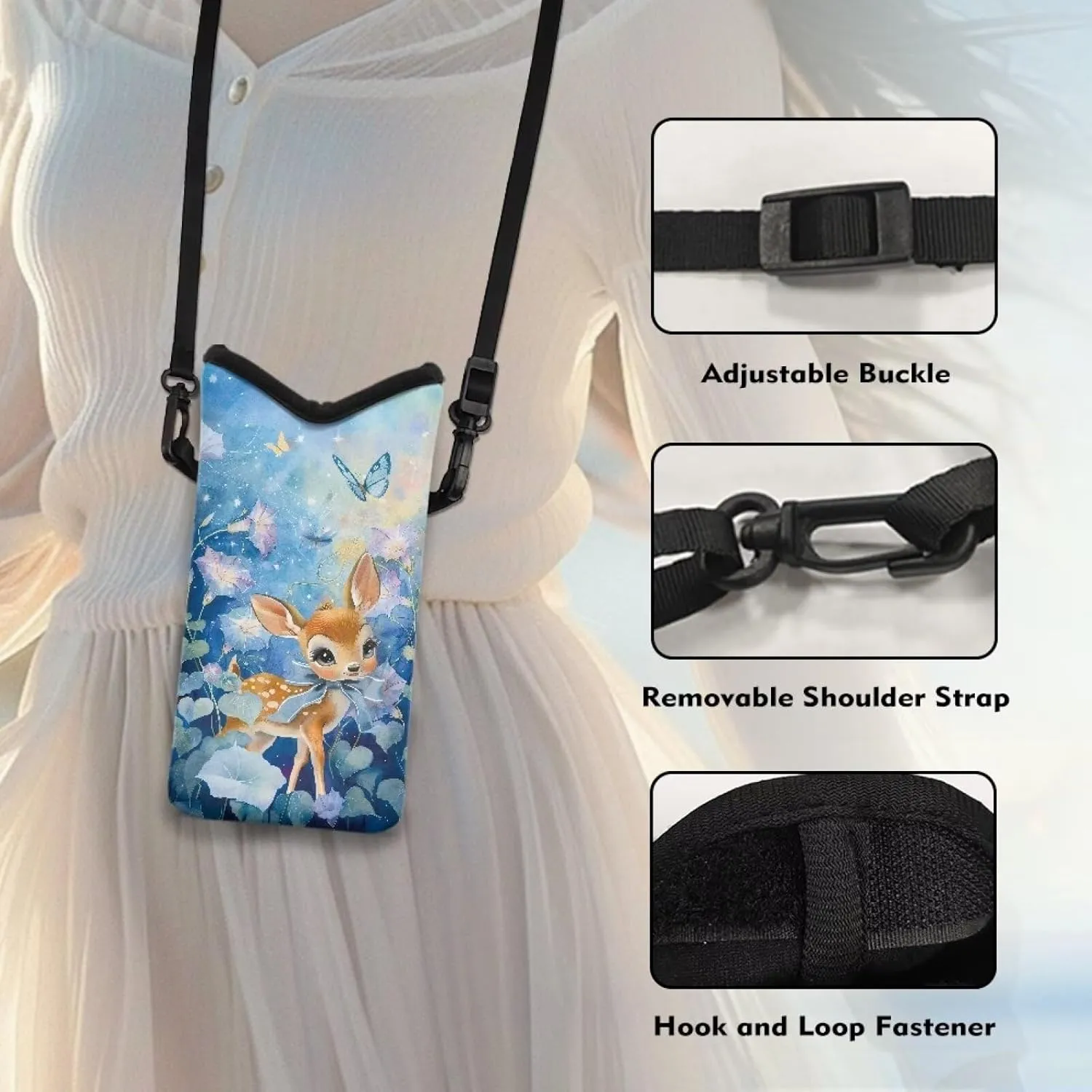 Crossbody Bag Waterproof Cell Phone Case with Adjustable Strap Universal Mini Shoulder Bag Phone Carry Pouch for iPhone 15/14 / 13/12 Pro Max, Deer Butterfly Morning Glory Flower Blue