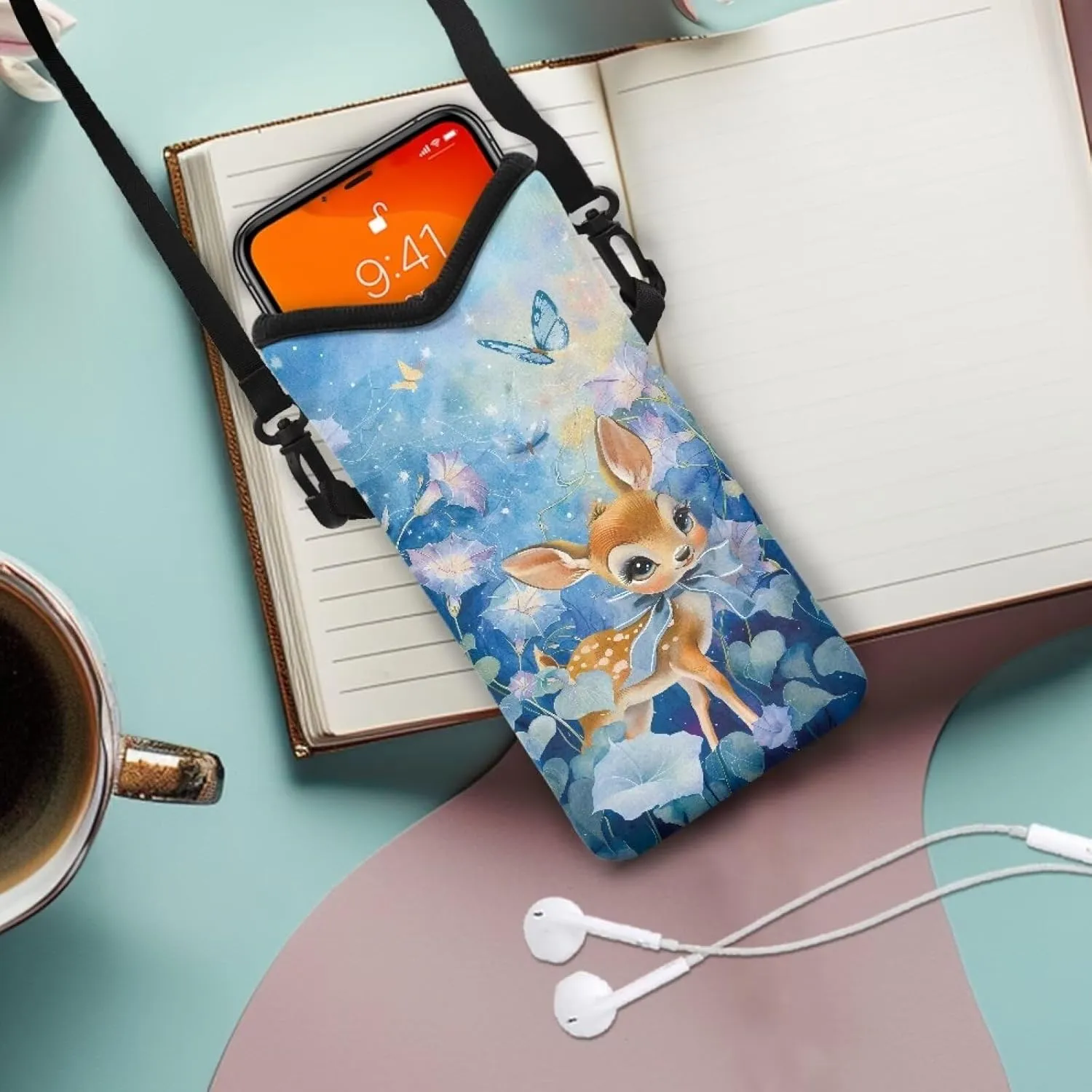 Crossbody Bag Waterproof Cell Phone Case with Adjustable Strap Universal Mini Shoulder Bag Phone Carry Pouch for iPhone 15/14 / 13/12 Pro Max, Deer Butterfly Morning Glory Flower Blue