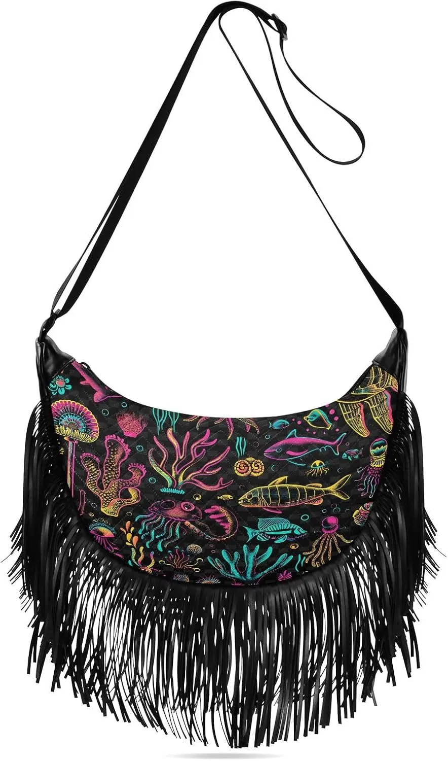Crossbody Bags for Women Crossbody Handbag Fringe Purse Tassel Shoulder Bag Wallet,Black and Pink