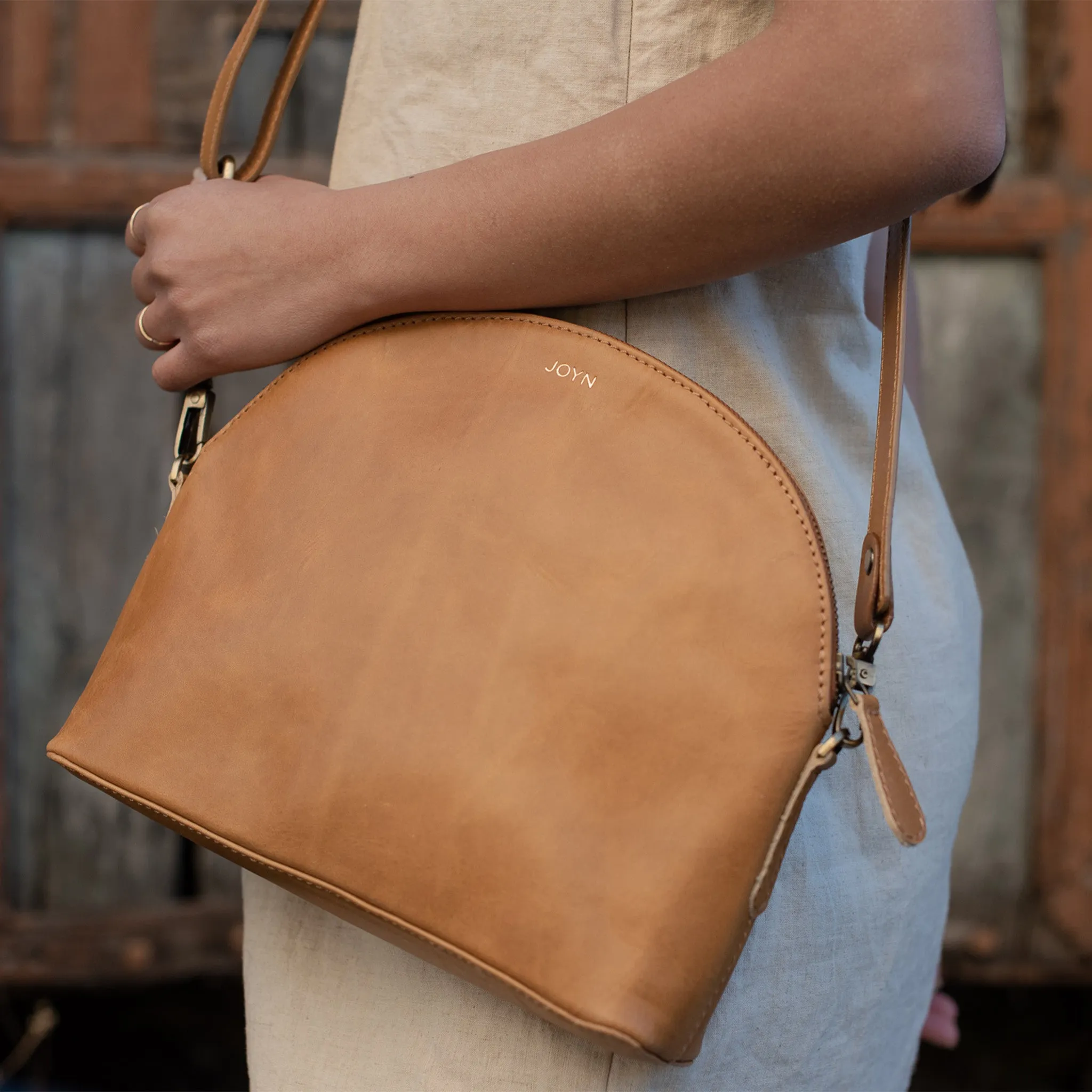 Crossbody Handbag - Half Moon, Camel Leather