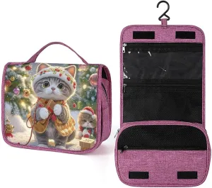 Cute Cat Sing Christmas Carols Toiletry Bag Waterproof Makeup Bag with Hanging Hook Cosmetic Bags for Women Travel Essentials