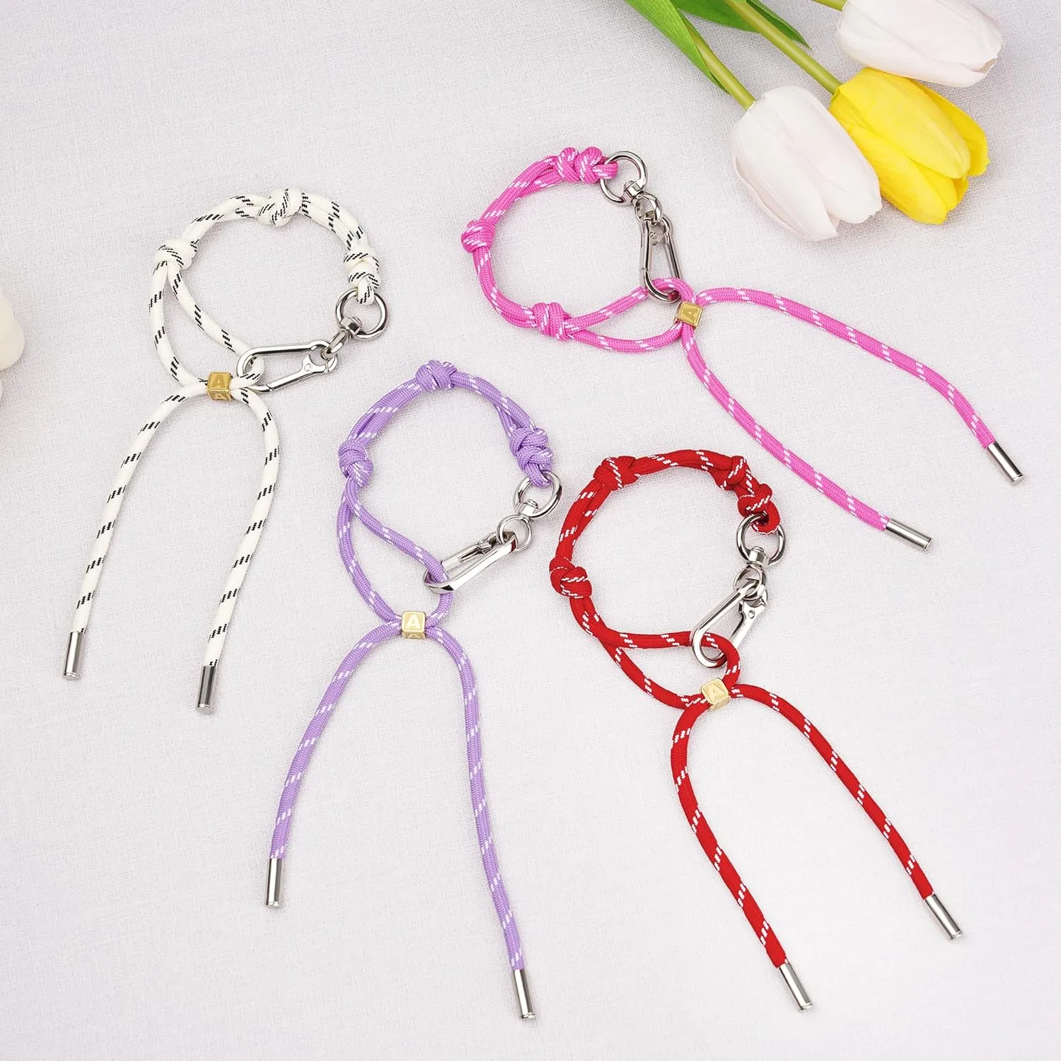 Cute Initials Charm Rope Keychain for Women Men Carabiner Knot Lanyard Keyring, Charms for Purse Backpacks Handbag